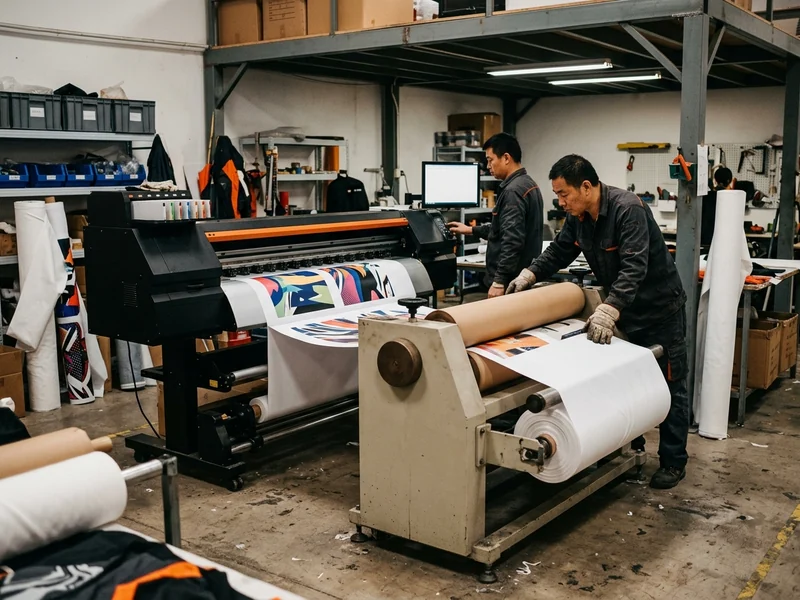 Wide-format sublimation printer and heat calender in the print room