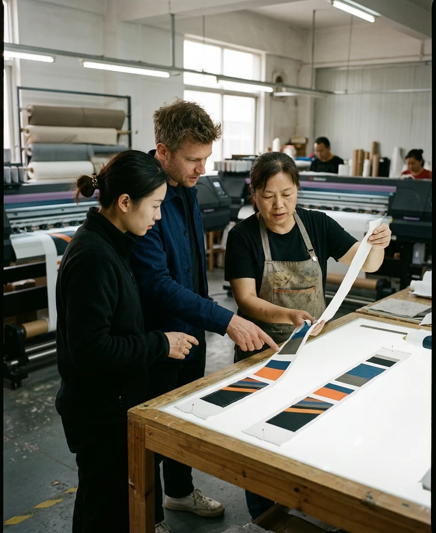 Visitors comparing a test strip with an archived strip in the print room