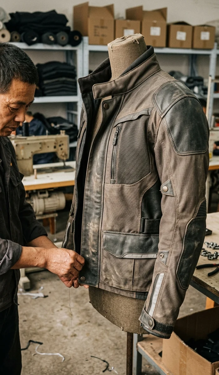 ADV touring jacket on a form, collar, storm flap, vents, armor pockets and hem visible