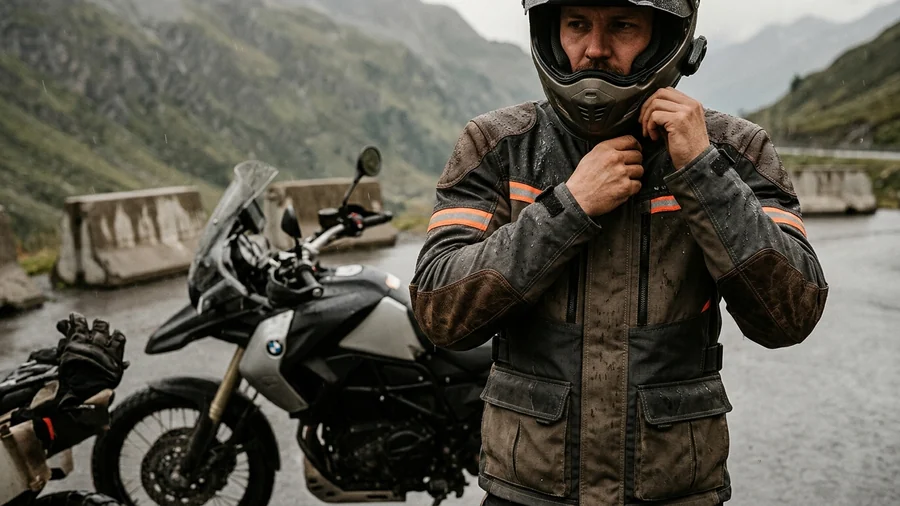 Rain on the pass, ADV touring jacket with storm flap and collar sealed