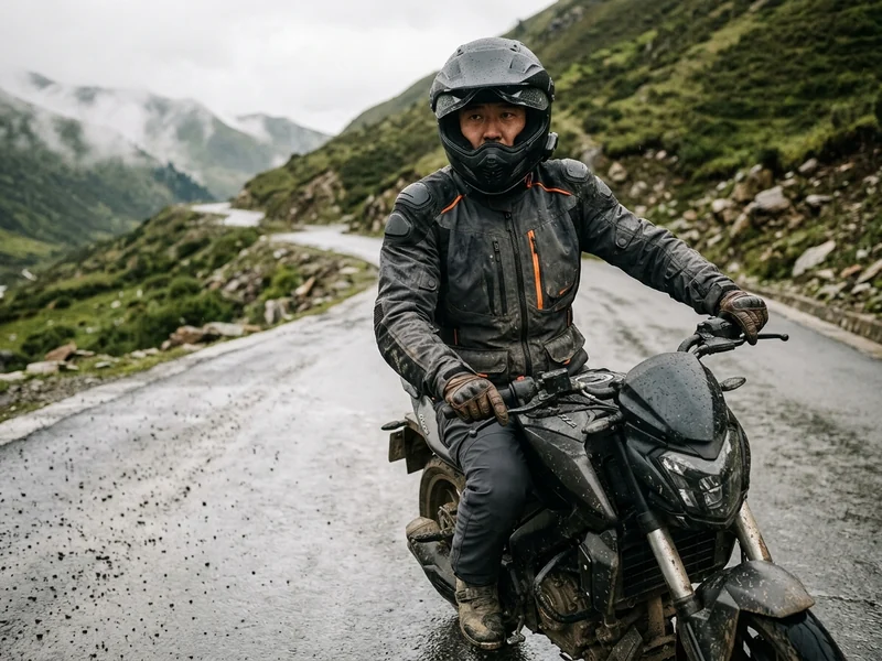 Rider in a laminated waterproof ADV jacket on a wet mountain road