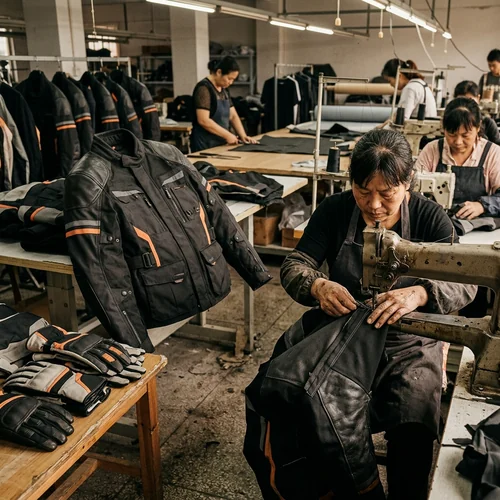 Textile and leather motorcycle jackets for the same brand line