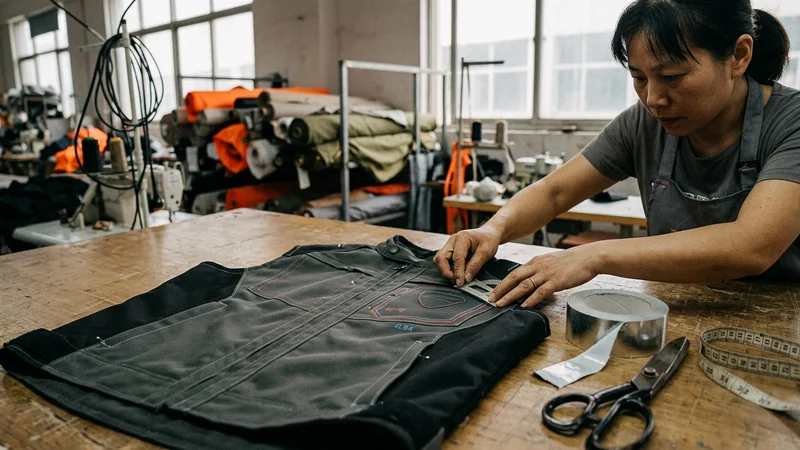 Jacket block on the pattern table with badge placement drawn