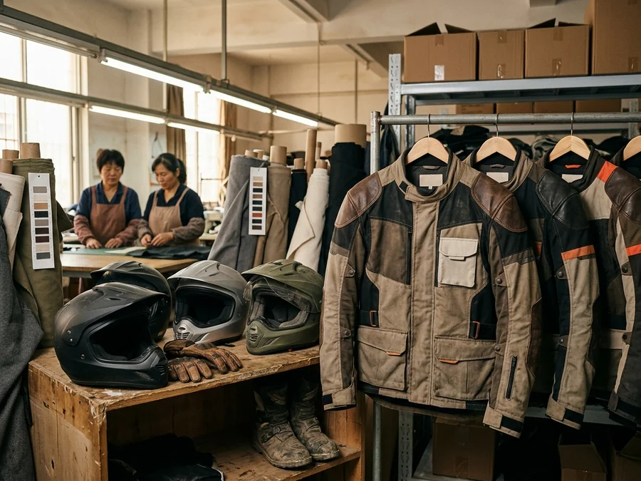 Dealer's own-label touring jackets displayed beside helmets