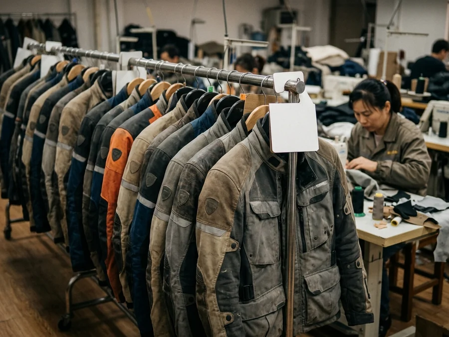 Tour operator's rental fleet of touring jackets on a rail sized S to 4XL