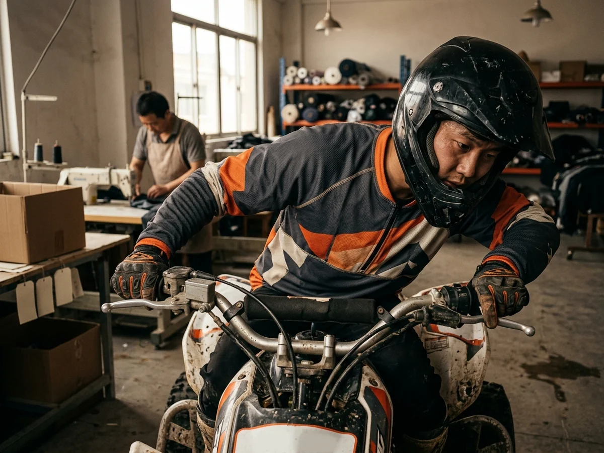 A quad rider leaning forward over wide bars with the elbows out