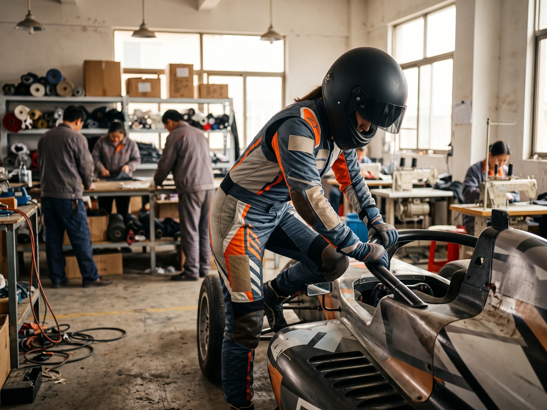 Driver in a custom fire suit with stitched sponsor panels climbing into the car
