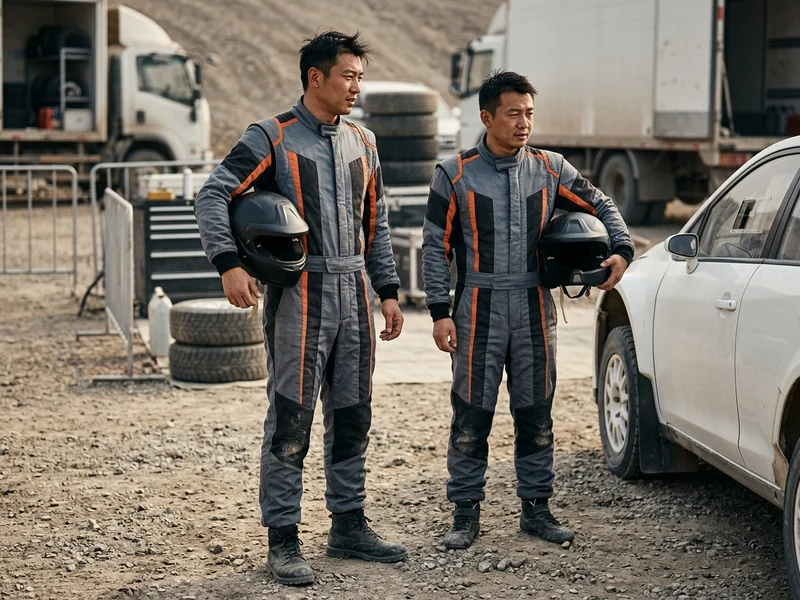 Rally driver and co-driver in matching custom fire suits at a gravel service area