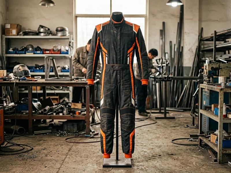 Full front view of a one-piece driver fire suit on a stand