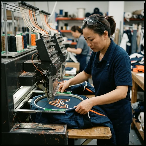 Embroidery heads stitching a sponsor mark