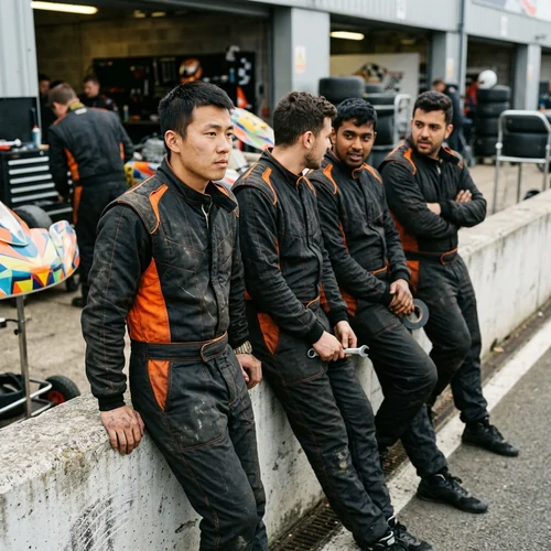 Pit crew in matching teamwear on the wall