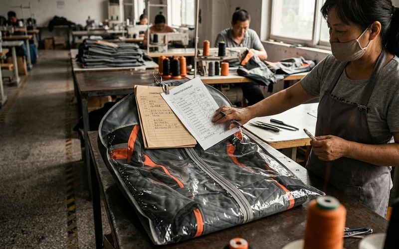 Fire suit in its bag with the construction note and signed sheet