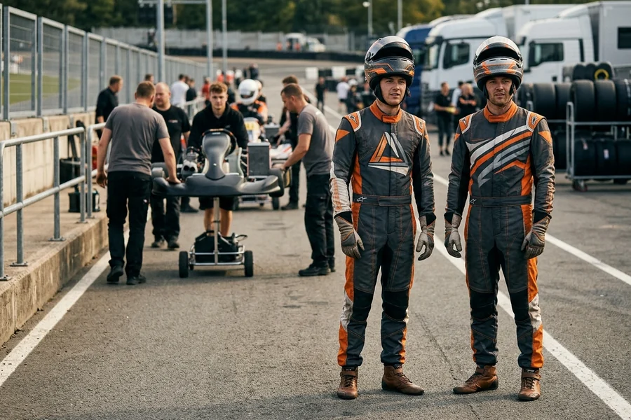 Car racing team drivers in matching custom fire suits on the grid