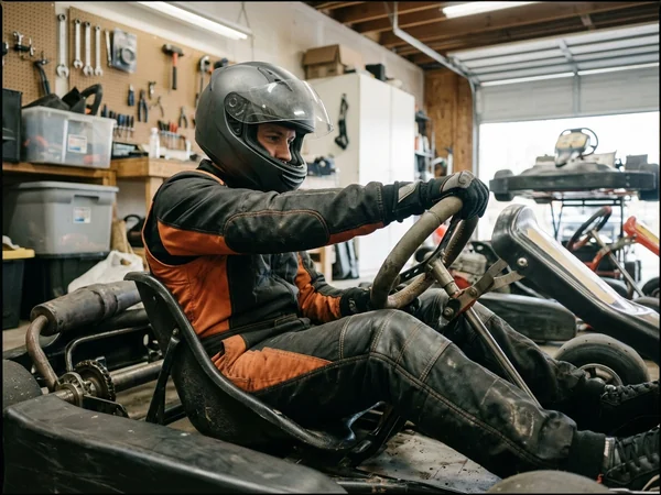 Driver seated in a kart in the sample suit, reaching the wheel