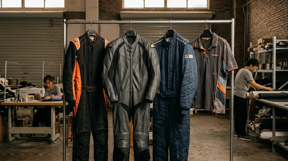 Kart suit, leather race suit, fire suit and pit-crew polo on the workshop rail