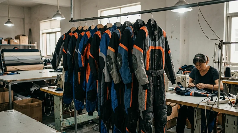 Youth and adult kart suits hanging in a size range