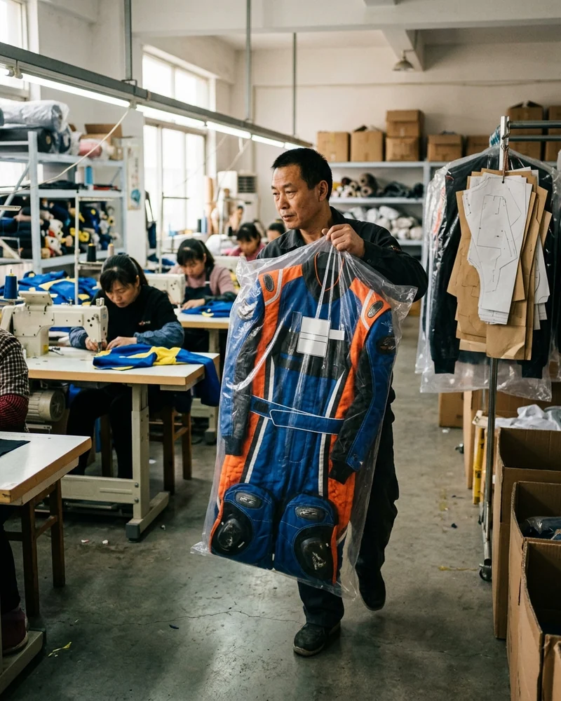 Team kart suit in a bag labelled with driver name and size
