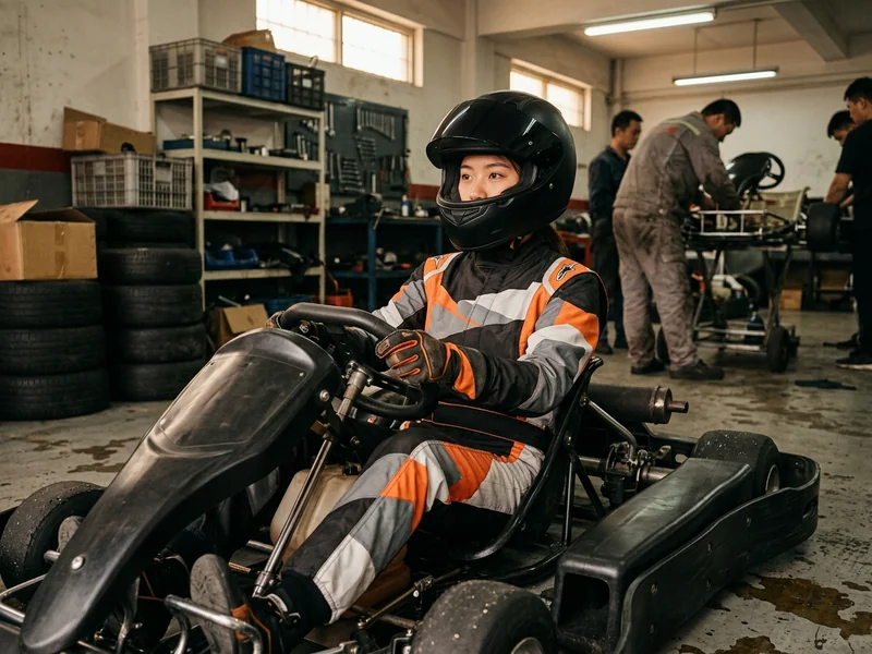 Front view of a custom racing kart suit in team colors on a driver at the kart