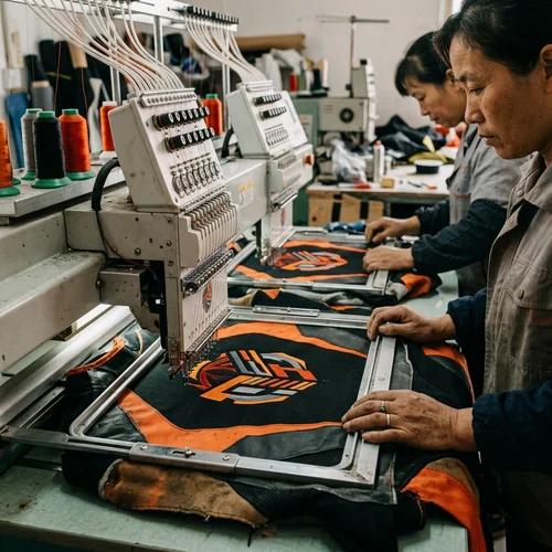 Embroidery heads stitching a centre logo