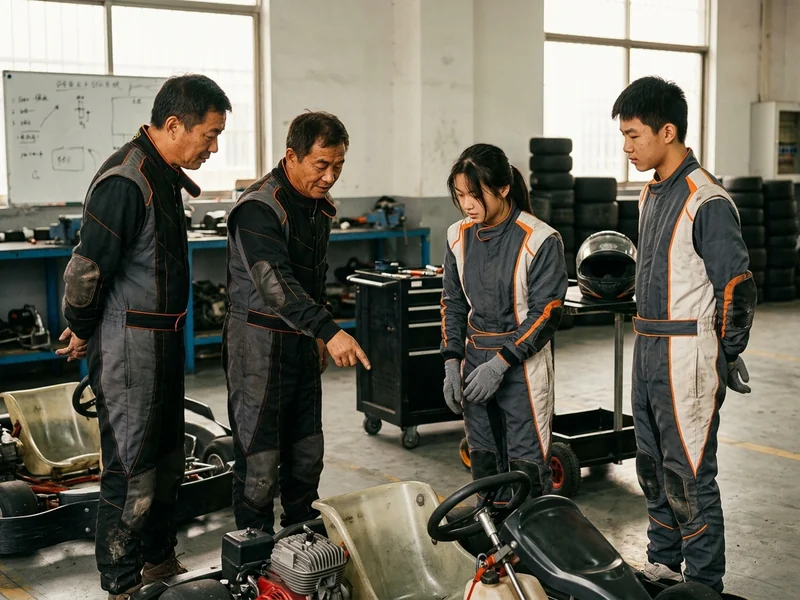 Racing academy instructors and students in two colorways of the same kart suit