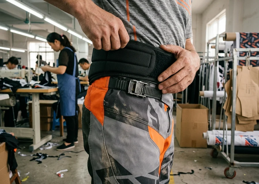 Ratchet waist closure of motocross pants sitting flat under a kidney belt