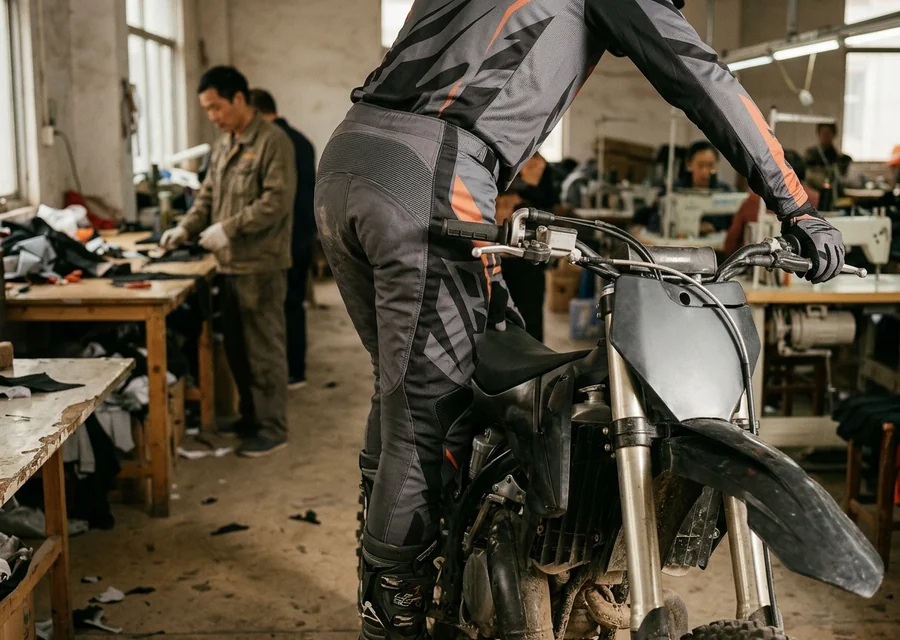 Rider standing on the pegs, stretch yoke of the custom mx pants extended