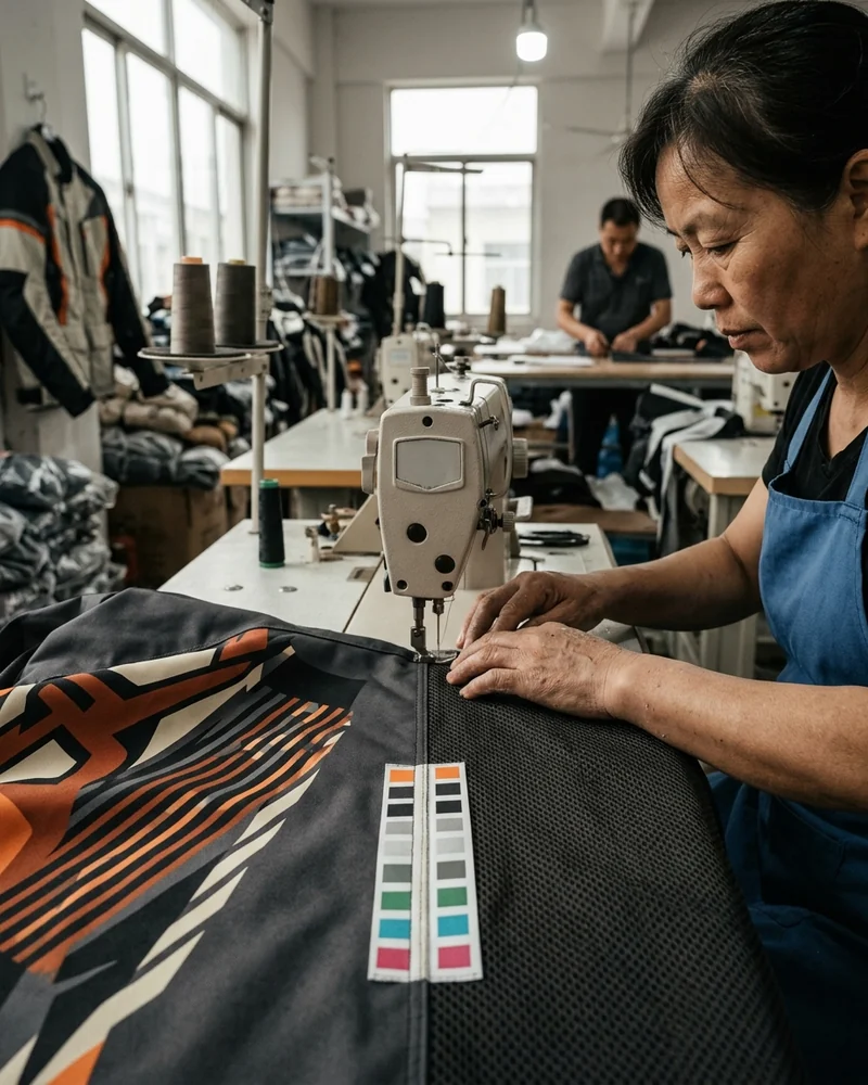 Color strip printed on 600D pant shell laid next to the mesh strip