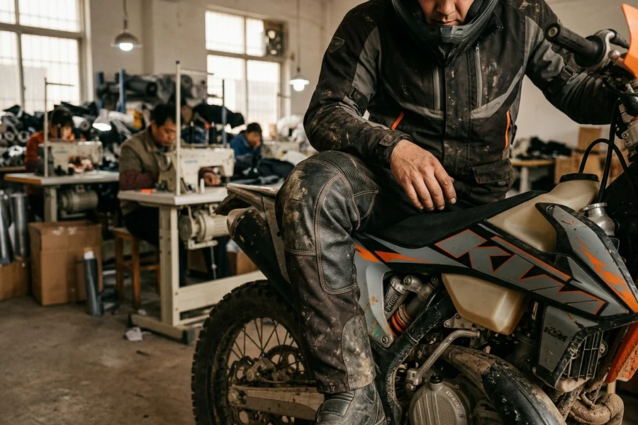 Inner-knee panel on the exhaust side of the bike, rider seated