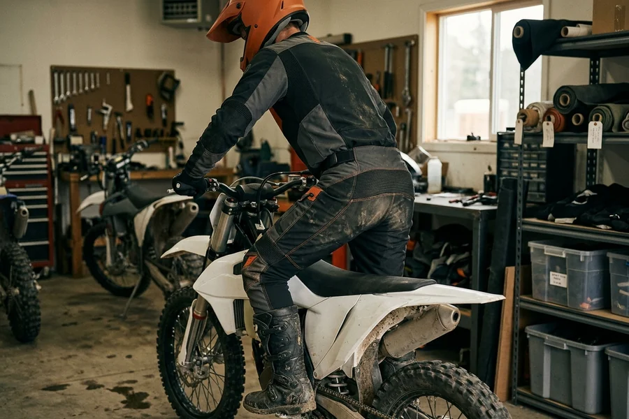 Rider standing on the pegs with the back yoke stretched and the waistband in place