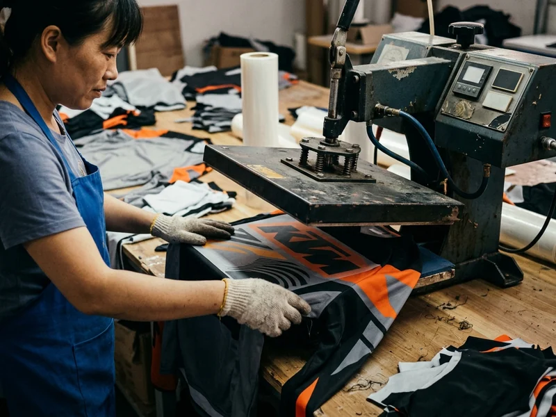Heat press applying a sponsor logo to a tee
