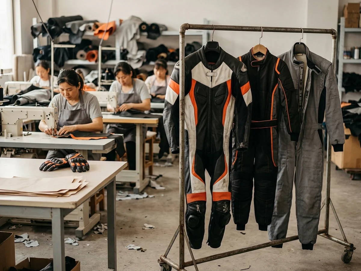 Family two: leather race suit, karting suit and fire suit on the rail