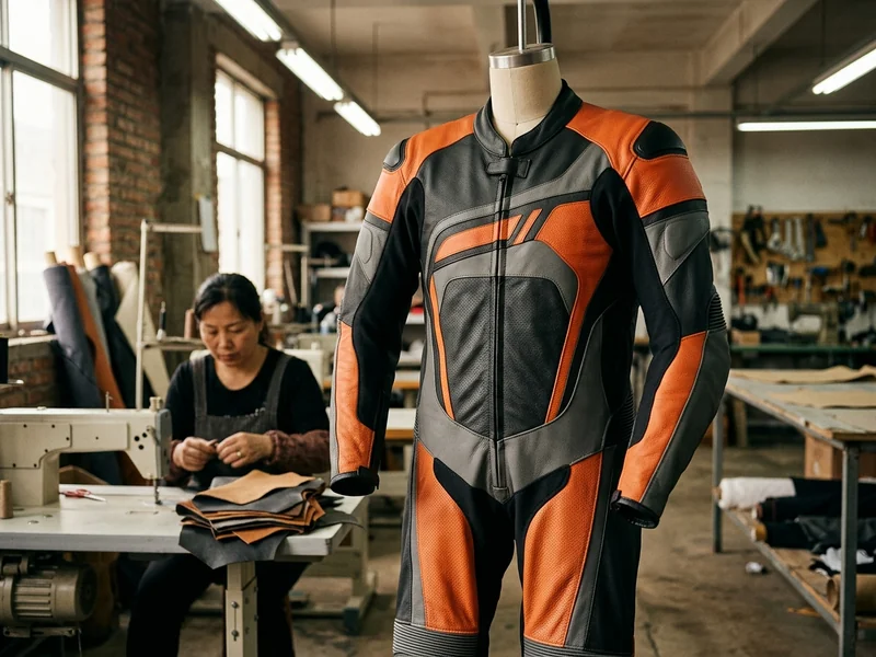 Custom leather motorcycle race suit, front view