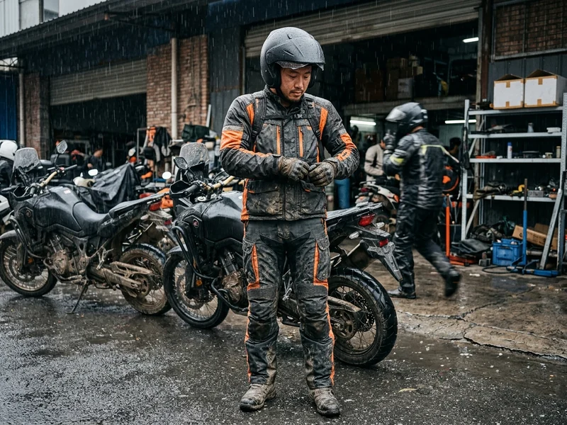 Waterproof motorcycle jacket and pants worn by a rider in the rain