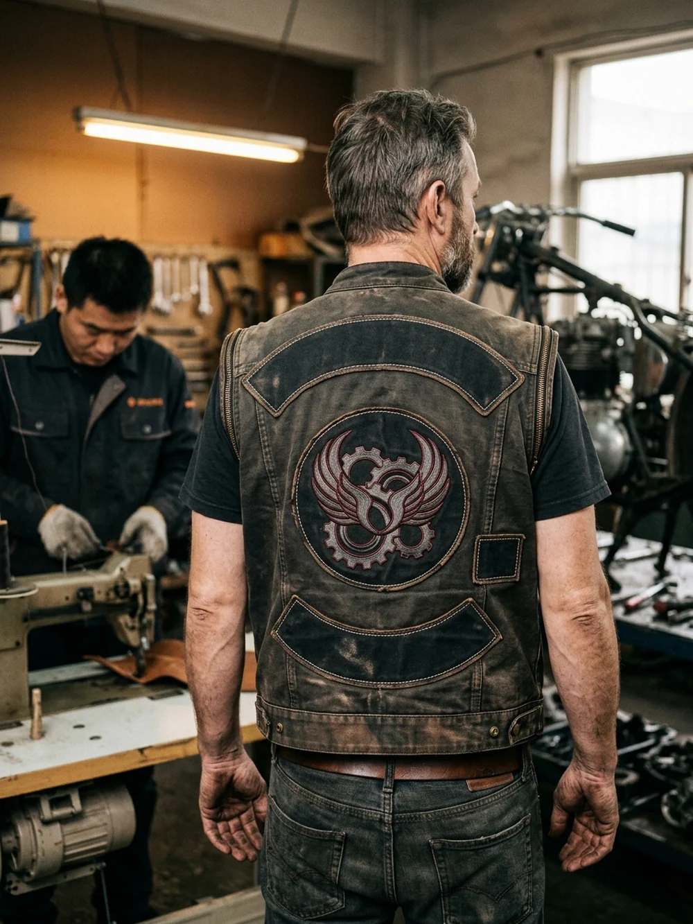 The back of a club vest carrying a three-piece patch set