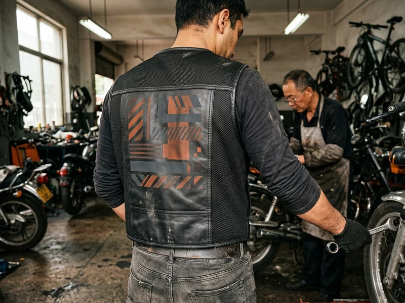 Mesh motorcycle club vest with a solid back-patch panel, shown from behind