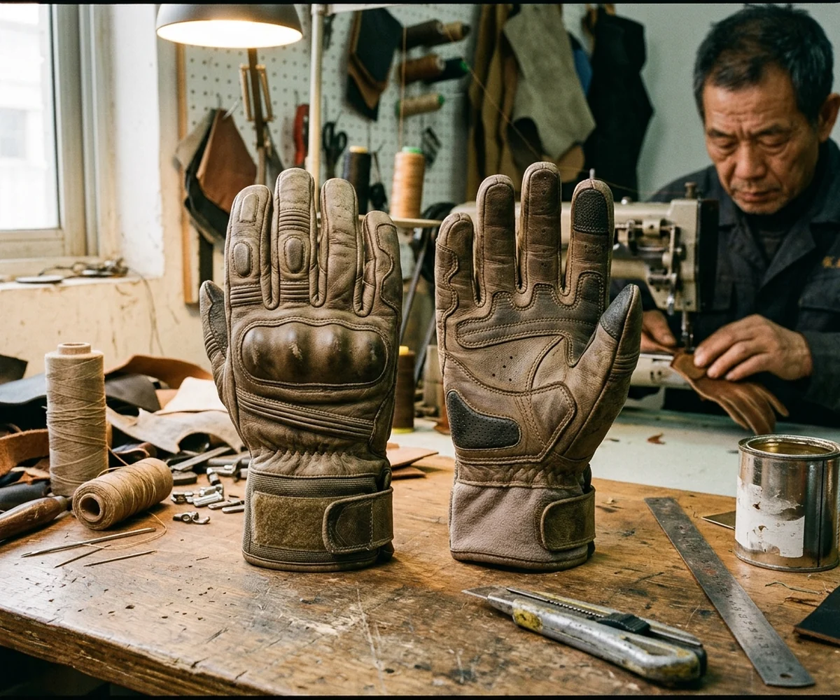 Custom motorcycle glove shown back and palm side by side, parts visible