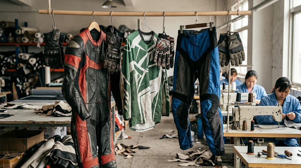 Gloves hanging with the jersey, pants and race suit they match on the sample rail