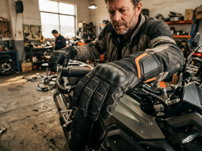 Rider’s hands in adventure touring gloves on the grips of an adventure motorcycle