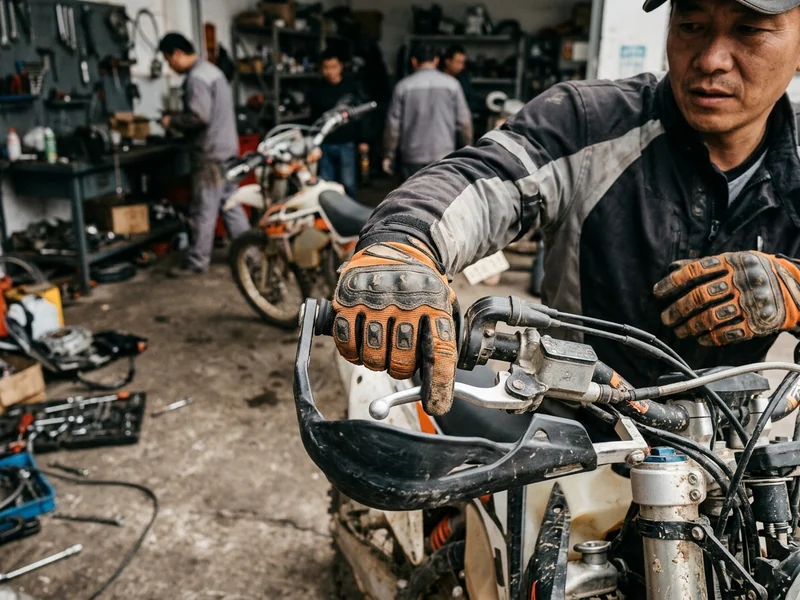 Pair of lightweight off-road enduro gloves on a dirt bike handlebar