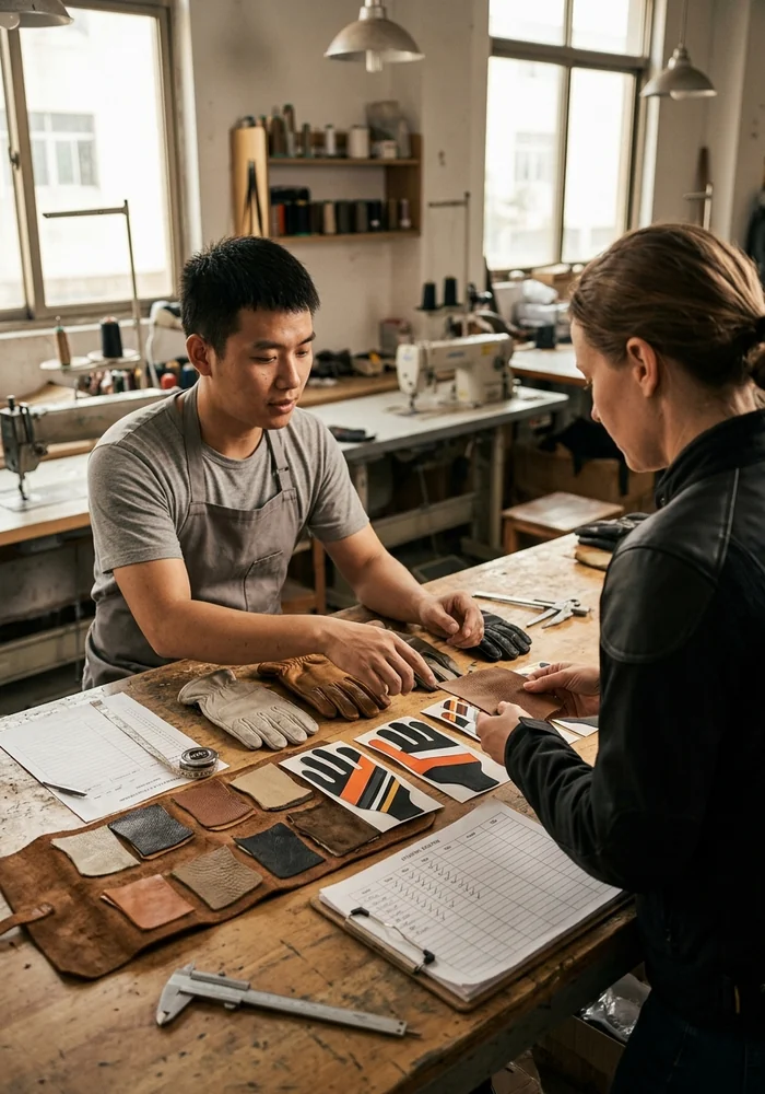 Roster with glove sizes, palm swatches and back-of-hand artwork on the sales desk