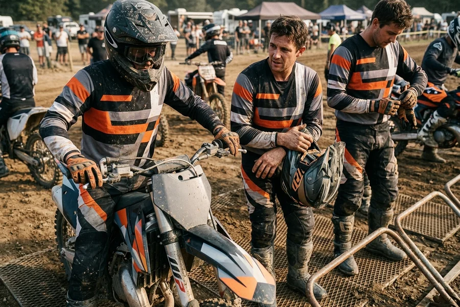 Team riders in matching jersey, pants and custom motorcycle gloves at the gate