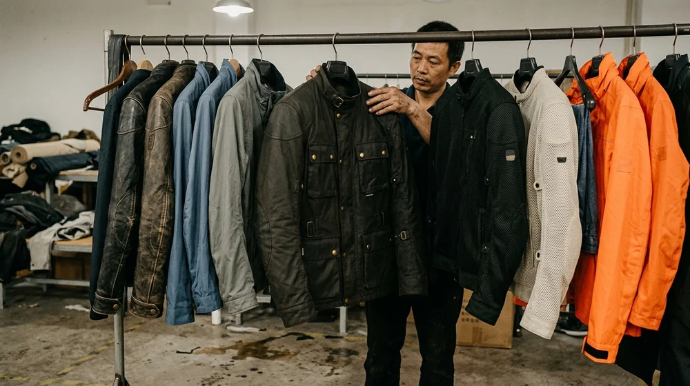 Textile, leather, ADV, mesh and waterproof jackets on the sample rail