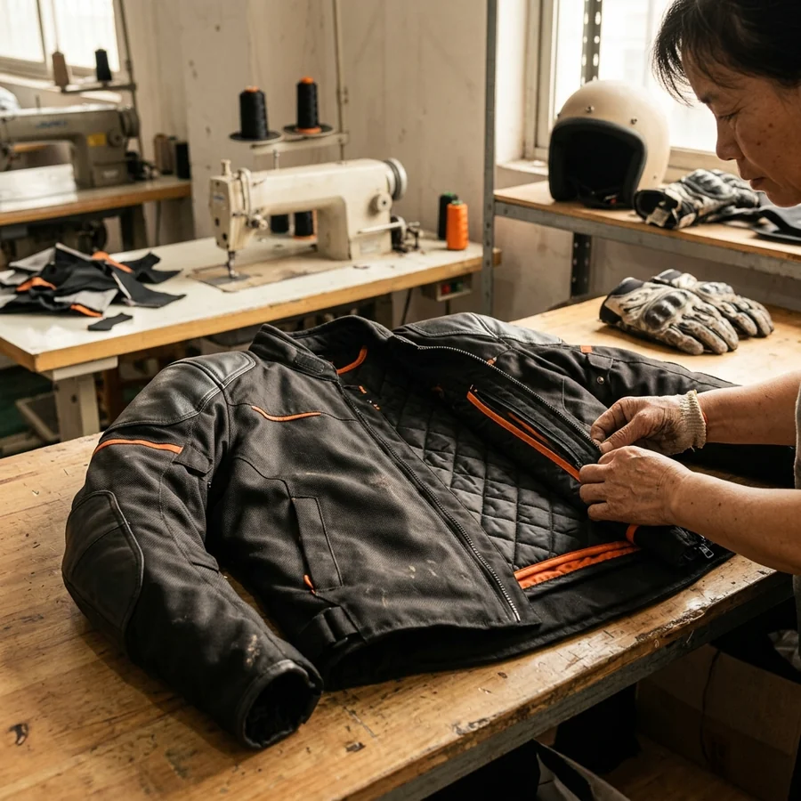 Textile custom motorcycle jacket in 600D with the removable thermal liner half out