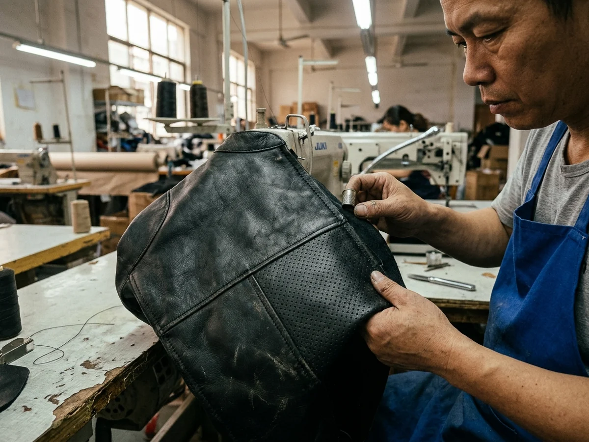 Solid cowhide chest panel of a leather motorcycle jacket