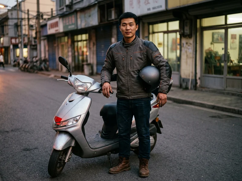 City rider wearing a casual-look urban motorcycle jacket beside a scooter