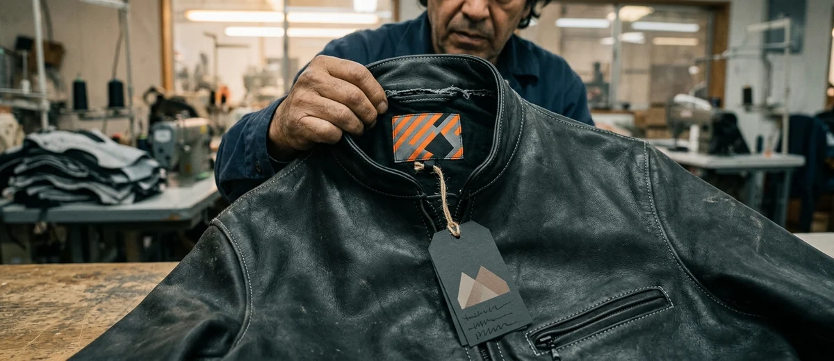 Brand woven label and hangtag on a private label motorcycle jacket