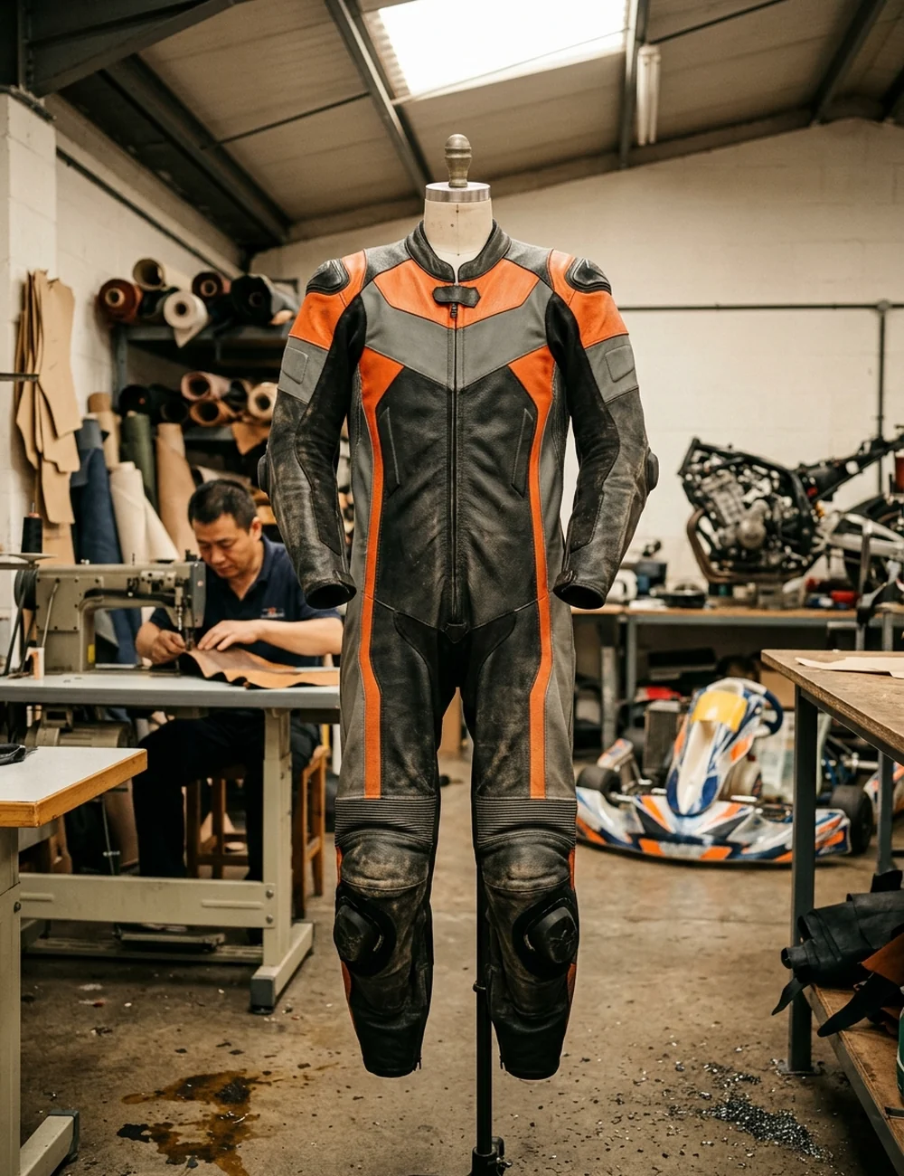 Custom motorcycle race suit on a form, front view, with armor pockets and stretch panels visible