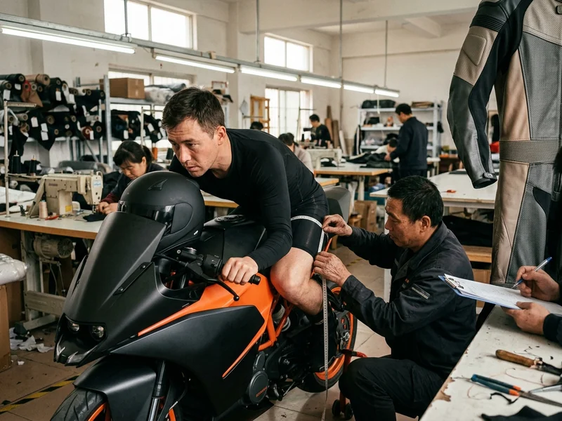 Rider being measured in the tuck for a made-to-measure race suit