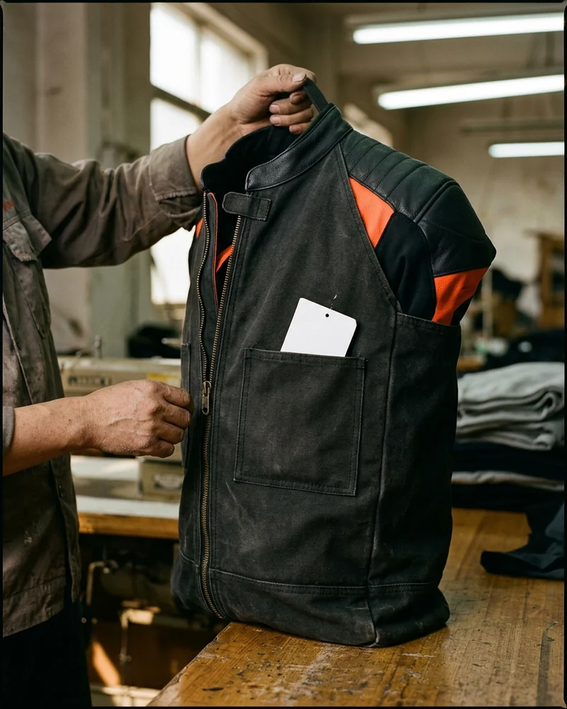 Race suit in its bag with the rider's name and the hide record