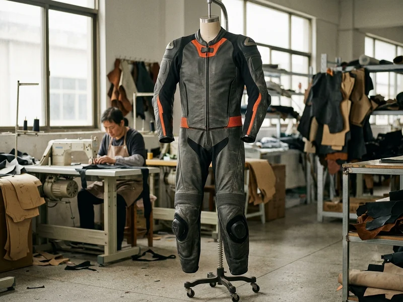Leather race suit developed with room for an airbag system, front view on a stand